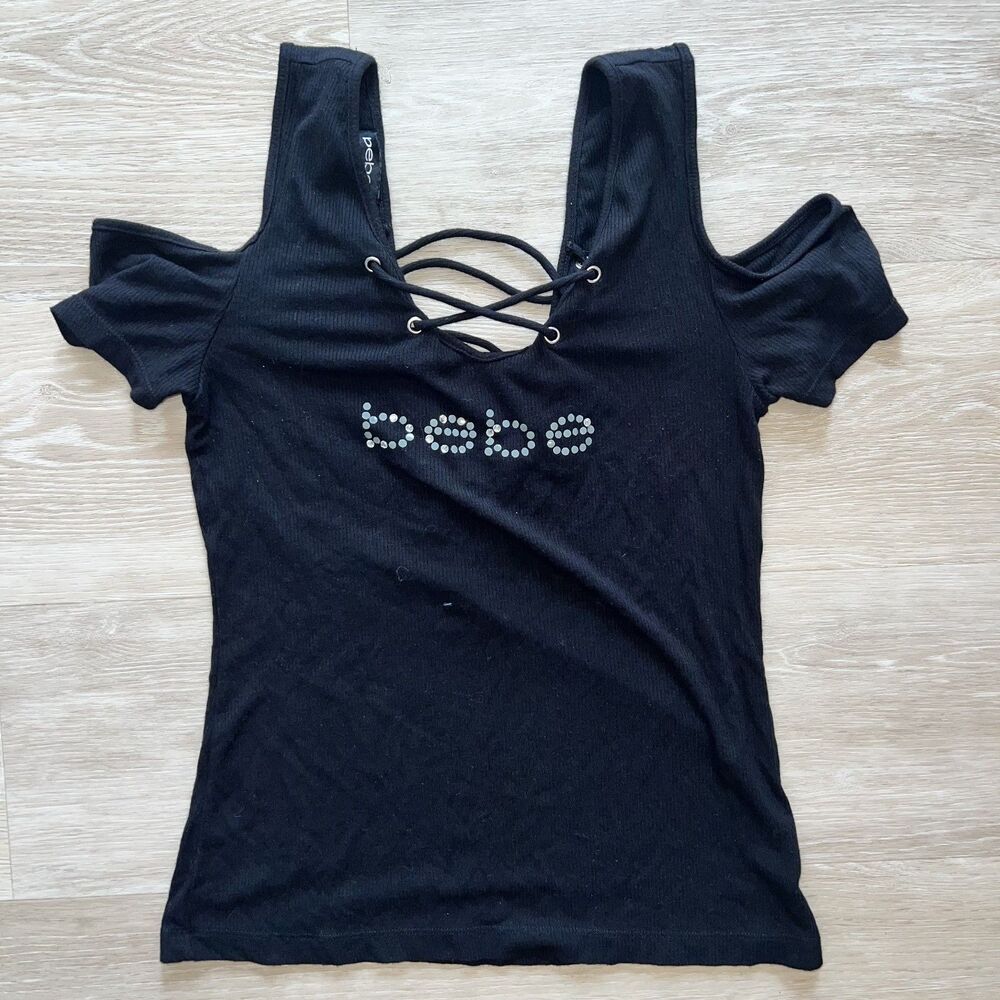 Bebe Vintage Rhinestone Cold Shoulder Top Black-Size S